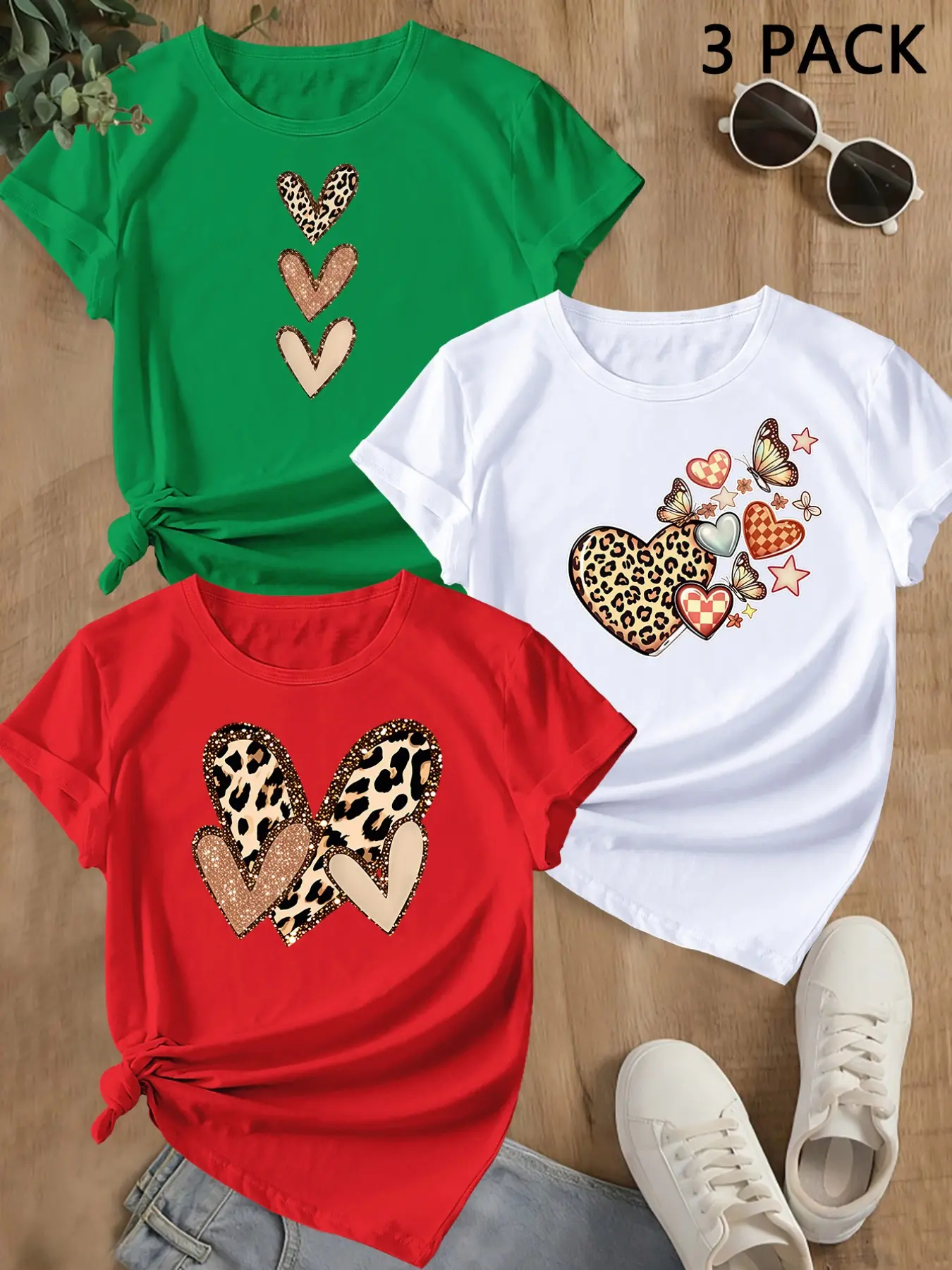 Summer Trendy Short Sleeve, Sporty Heart Print, Women's Casual Loose-Fit Round Neck T-Shirt, Comfortable Lightweight Summer Top, Perfect for Outdoor Activities