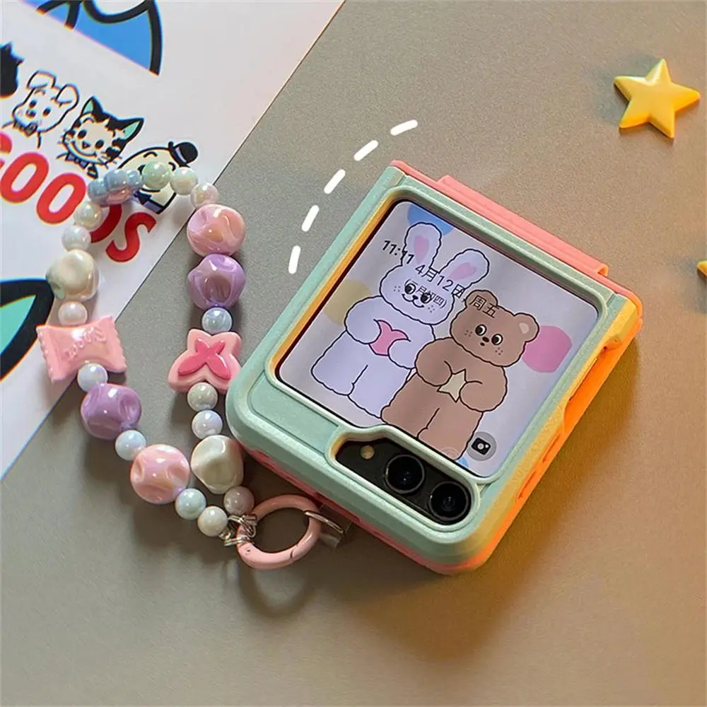 Ins Korean Cute Green Pink Phone Case For Samsung Galaxy Z Flip 6 5G Flip5 Flip4 Japan Kawaii Girl Candy Hanging Rope Cover