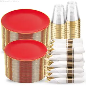 350PCS Red Plastic Plates - Heavy Duty Red Plates Disposable - 50Guest Christmas Dinnerware Include 50Dinner Plate,50Dessert Plate,50Pre Rolled Napkins with Silverware for Christmas&PartyC37GraceClothStore