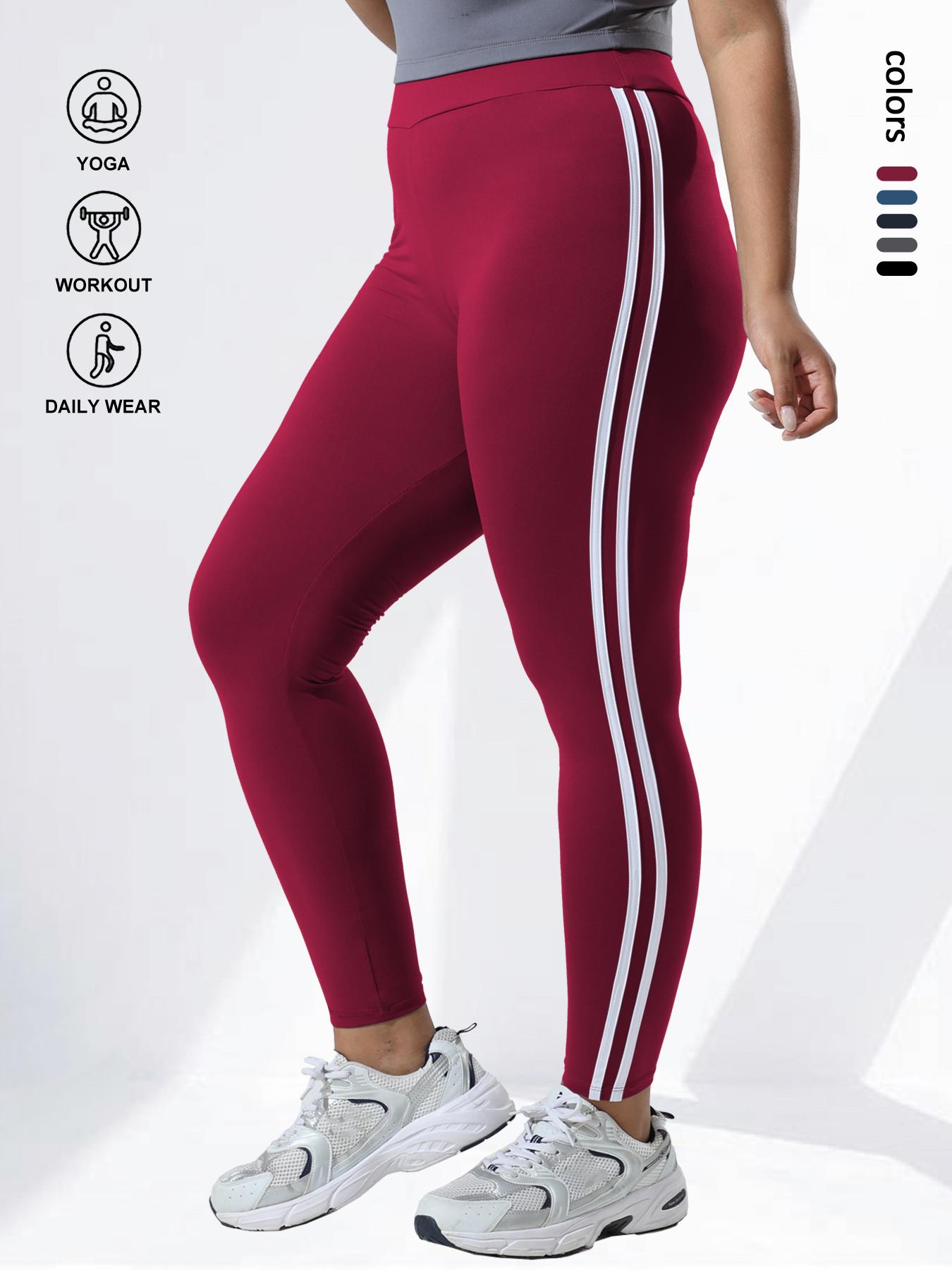 Women's Plus Size High Waist Skinny Pants, Side Colorblock Design, Elastic Comfortable Fit, Fashion Striped Pattern, Casual Wear，Cherry, High Waisted Leggings