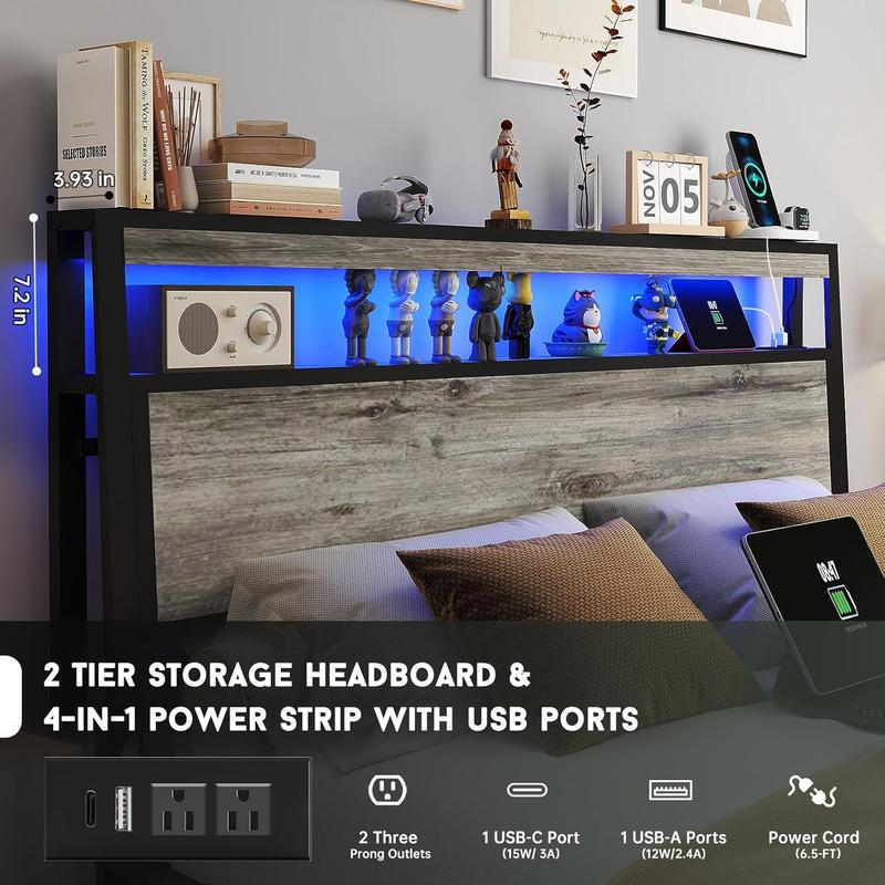 Queen Size Bed Frame with 4 Storage Drawers and Headboard with Charging Station and LED Lights,2 Tier Solid Wood Headboard Storage/Noise Free/No Box Spring Needed/Remote Control/Rustic Grey