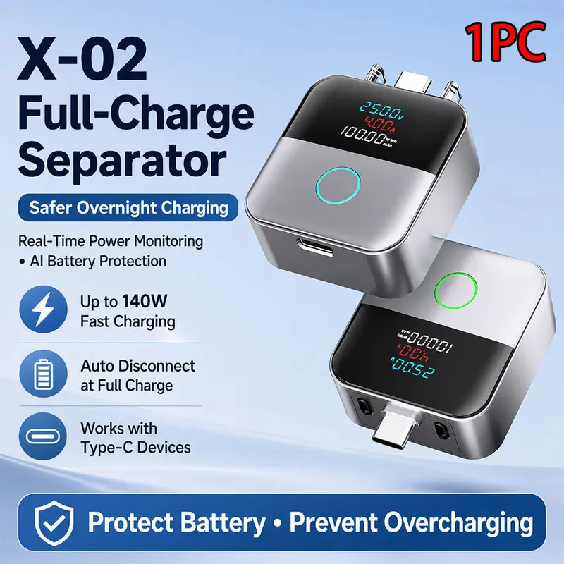Ai-Based Automatic Separation Charger X02, Real-Time Display, Portable, Safe, Supports Multiple Devices, 140w Fast Charging, Dual Current Function