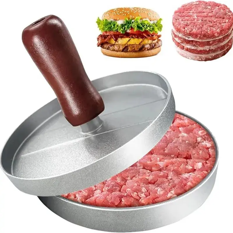 Non-Stick Burger Press, Aluminum Alloy Burger Press with Wooden Handle, Kitchen Tool, Outdoor BBQ Press for Grilling Meat, Prep Grill Pan, BBQ Tools, Silicone Oil-Containing Paper Utensil, Portable Kitchenware