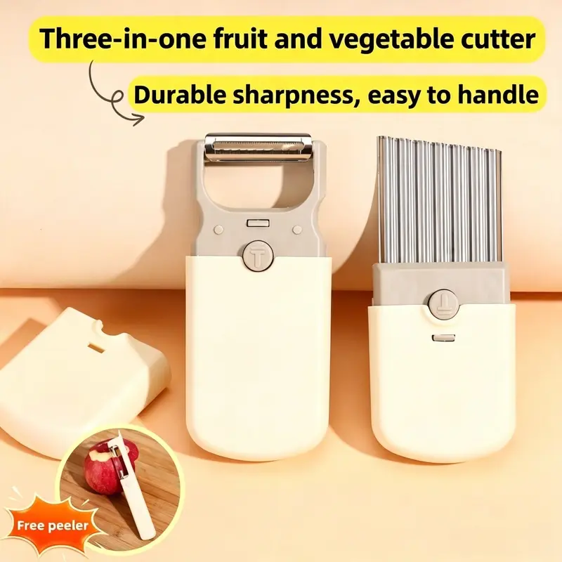 3 In 1 Vegetable Slicer Multifunctional Peeler Stainless Steel Wavy Cutter Potato Shredder Portable Household Fruit Veggie Grater,Wooden
