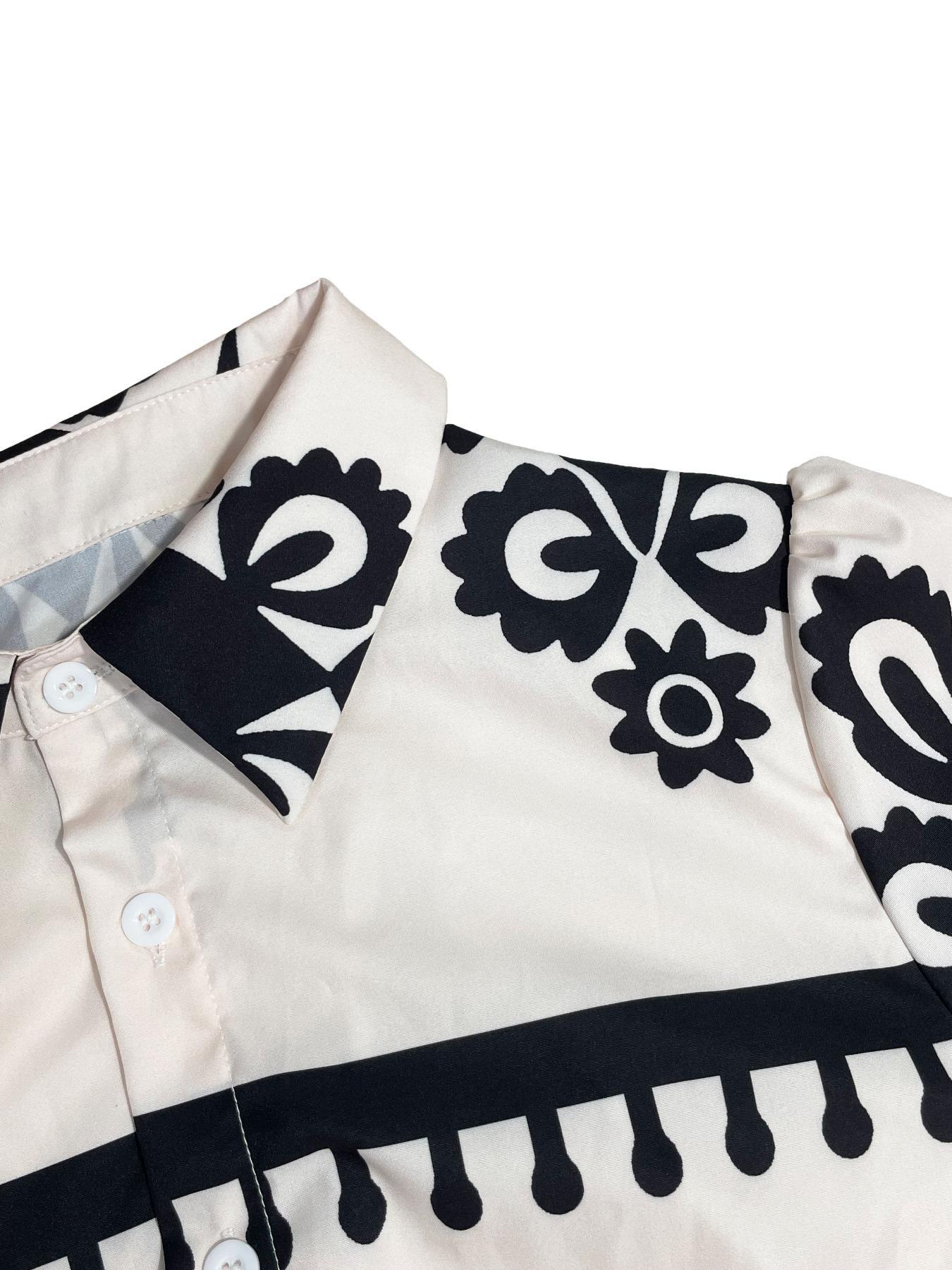 Women's Fashion Commuter Long Sleeve Button Front Fitted Shirt Dress with Belt, Classic Design, Geometric Pattern, Spring & Fall