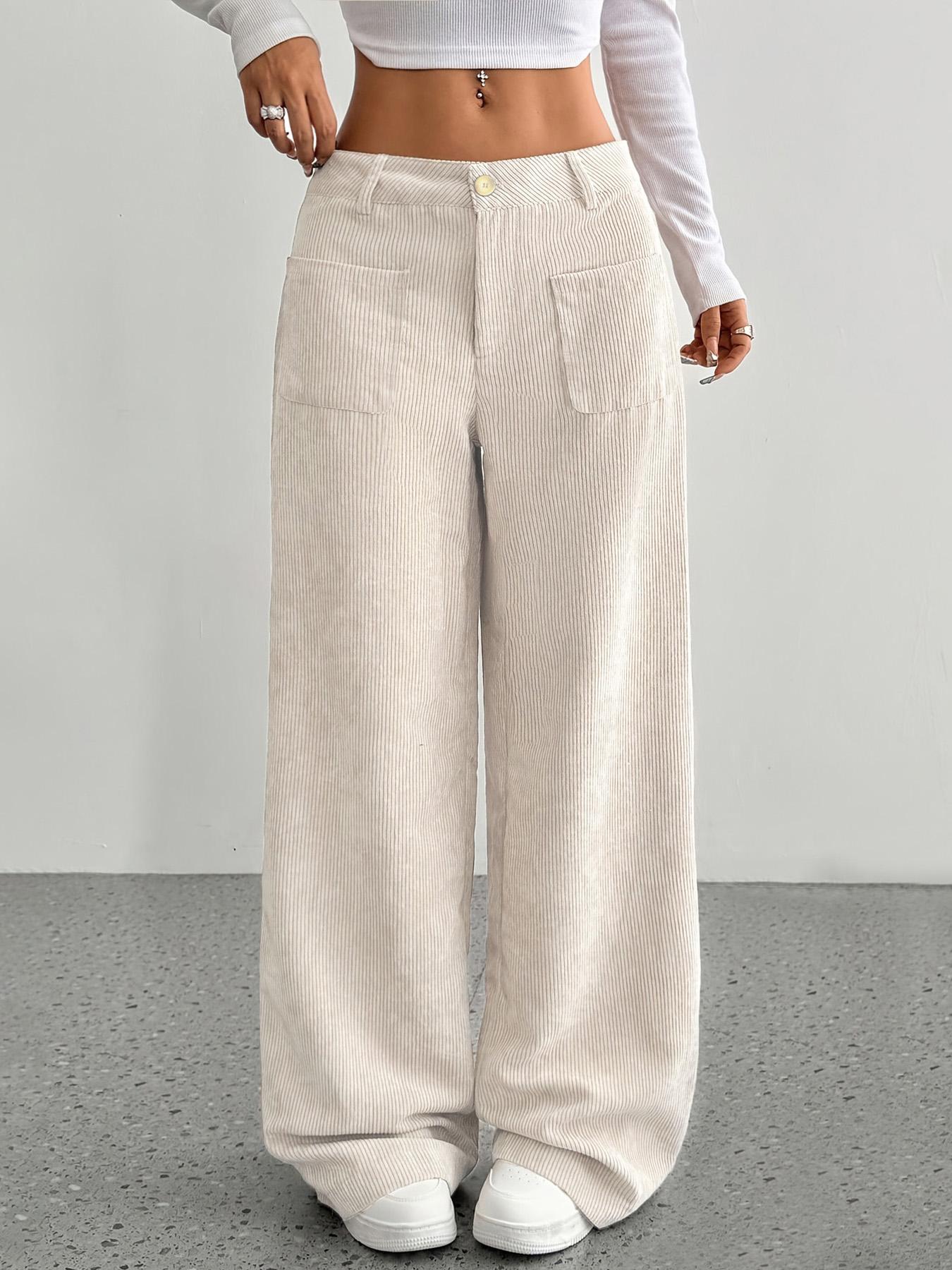Women's High Waist Corduroy Wide Leg Pants, Casual Street Trousers, Casual Fall Winter Long Trousers with Pockets, Ladies Fashionable Relaxed Fit Bottoms