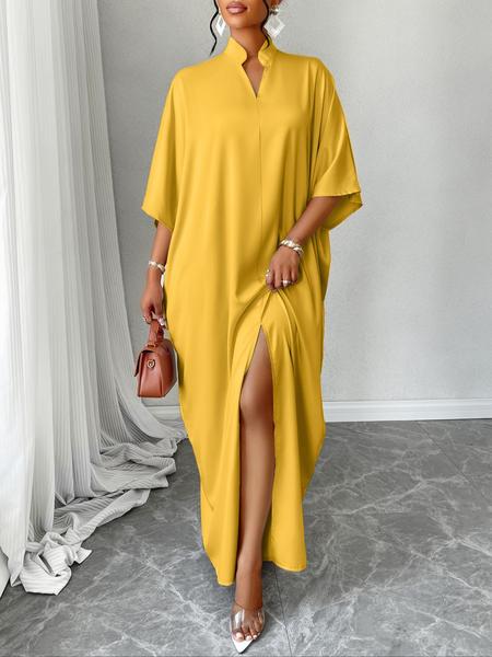 Women's Plain Notched Neck Split Hem Long Dress, Elegant Fashion Casual Dress for Daily Outdoor Wear, Women Dress for Summer