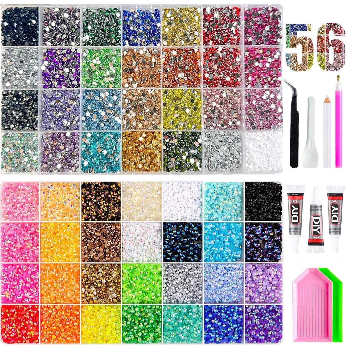 56 Grid 56000+ Mixed Color Ab Rhinestones Set, Includes Glue, Drill Pen, Tray, Perfect for DIY Crafts, Clothing, Cups, Shoes, Fabric, Nail Art，56 Colors Assorted Rhinestone Complete Set with Adhesive & Tools, Flatback Crystal Gems for Manicure