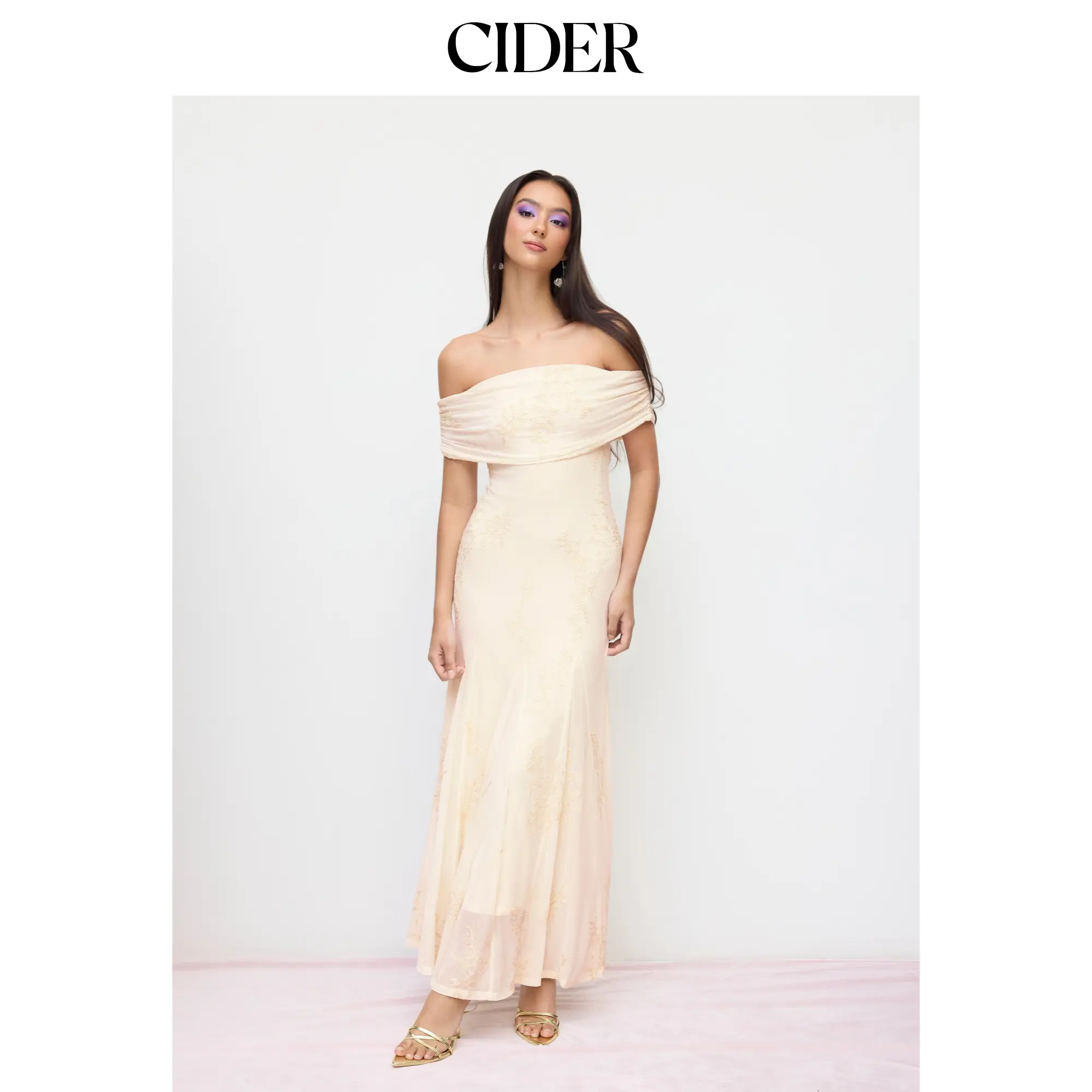 Cider Mesh Floral Off-shoulder Ruched Mermaid Maxi Dress