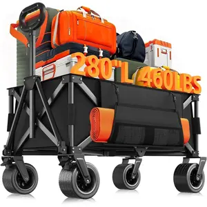 Wagon Carts Foldable, 460LBS Weight Capacity 280L Collapsible Wagon with All-Terrain Wheels, Drink Holders, Storage Cover&Elastic Rope, Utility Carts for Groceries, Shopping, Camping, Sports -Black