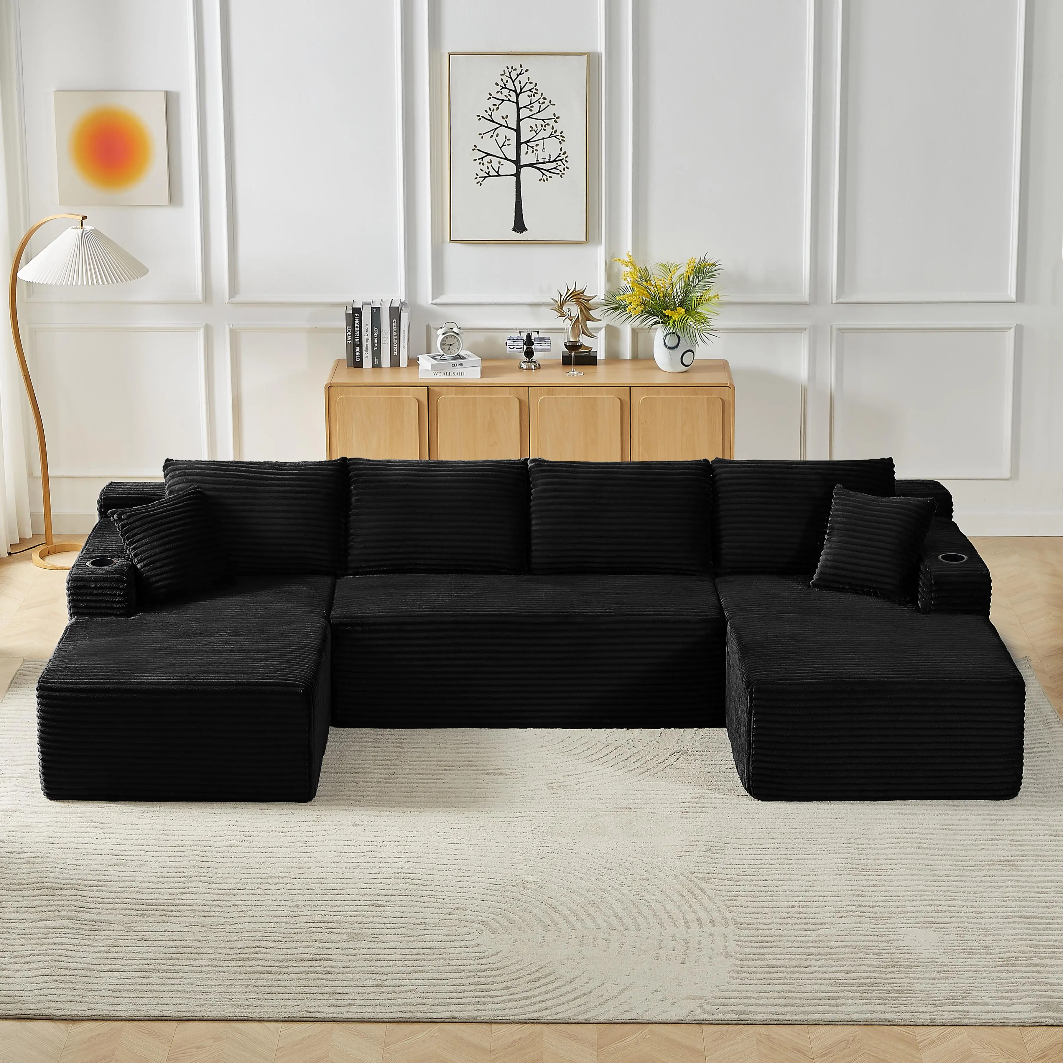 ARCH Chenille U-Shaped Sectional Sofa Set 6-Seat Modular Cloud Couch Luxury Corduroy Fabric Living Room Furniture with Pocket Spring Support Black, Black Color Options, Corduroy Material, 6 Seat Seat Count, Product Dimensions: Not Applicable W x