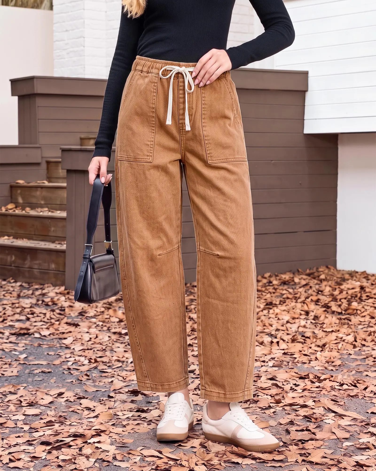 【NEW】GRAPENT Jeans for Women Baggy Barrel Elastic Waist Stretchy Denim Pants | Barrel Wide Leg Jean Pants, High Waisted, Drawstring, Pull On, Ankle Length, 27.5" Inseam, Side Seams, Dressy Casual Outfits backtoschool