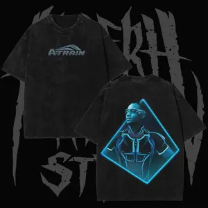 Retro A-Train Light Blue Gradient Stylized Text Front Logo & Bright Neon Blue Diamond Framed Hero Bust Portrait Dual-Sided Vintage Washed Black T-Shirt, Unisex Oversized Heavyweight Cotton Streetwear Top, Ideal Gift for A-Train Fans