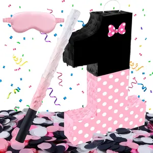 15.7 x 11.5 x 3 Inch Pink Bow Number 1 Pinata Fillable Hanging Piñata with Stick Blindfold Confetti for Girls Boys 1st Birthday Anniversary Party Decorations