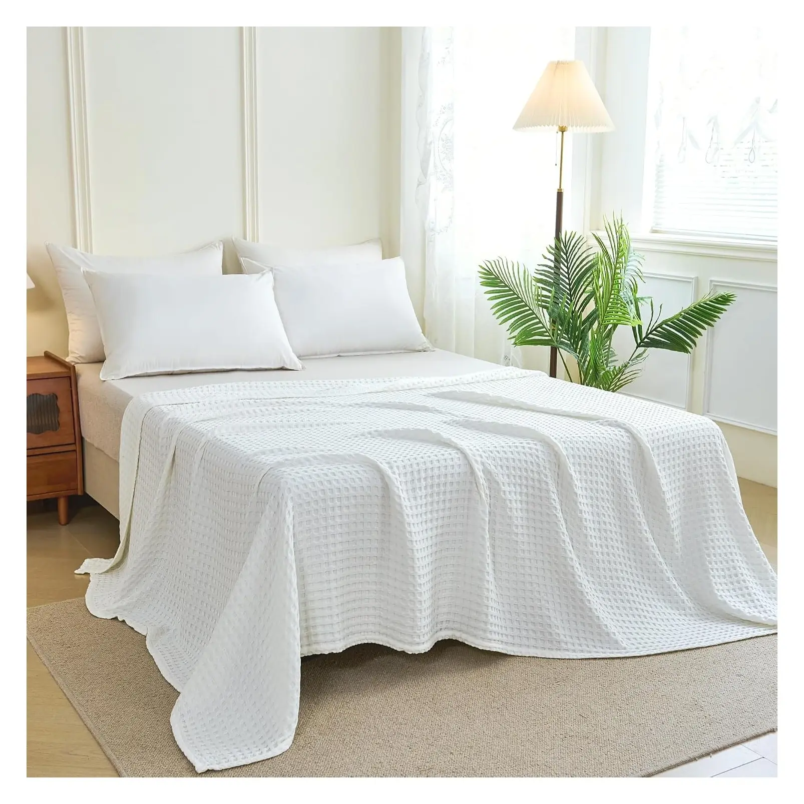 Cooling Blanket Queen Size for Hot Sleepers - Lightweight Cotton Summer Blanket, Rayon Derived from Bamboo, Waffle Weave Luxury Throw for Bed Couch Sofa, White 90x90 InchesGift