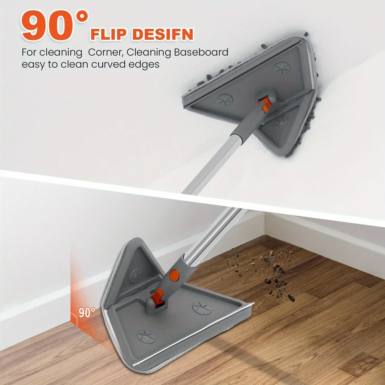 Baseboard Cleaner Tool with Handle, Collapsible Wall Mop wit 93 inch Extension Pole, Wall Cleaner Mop with Squeegee, 6 Reusable Cleaning Pads for Cleaning Floor, Window, Cabinet and Ceiling