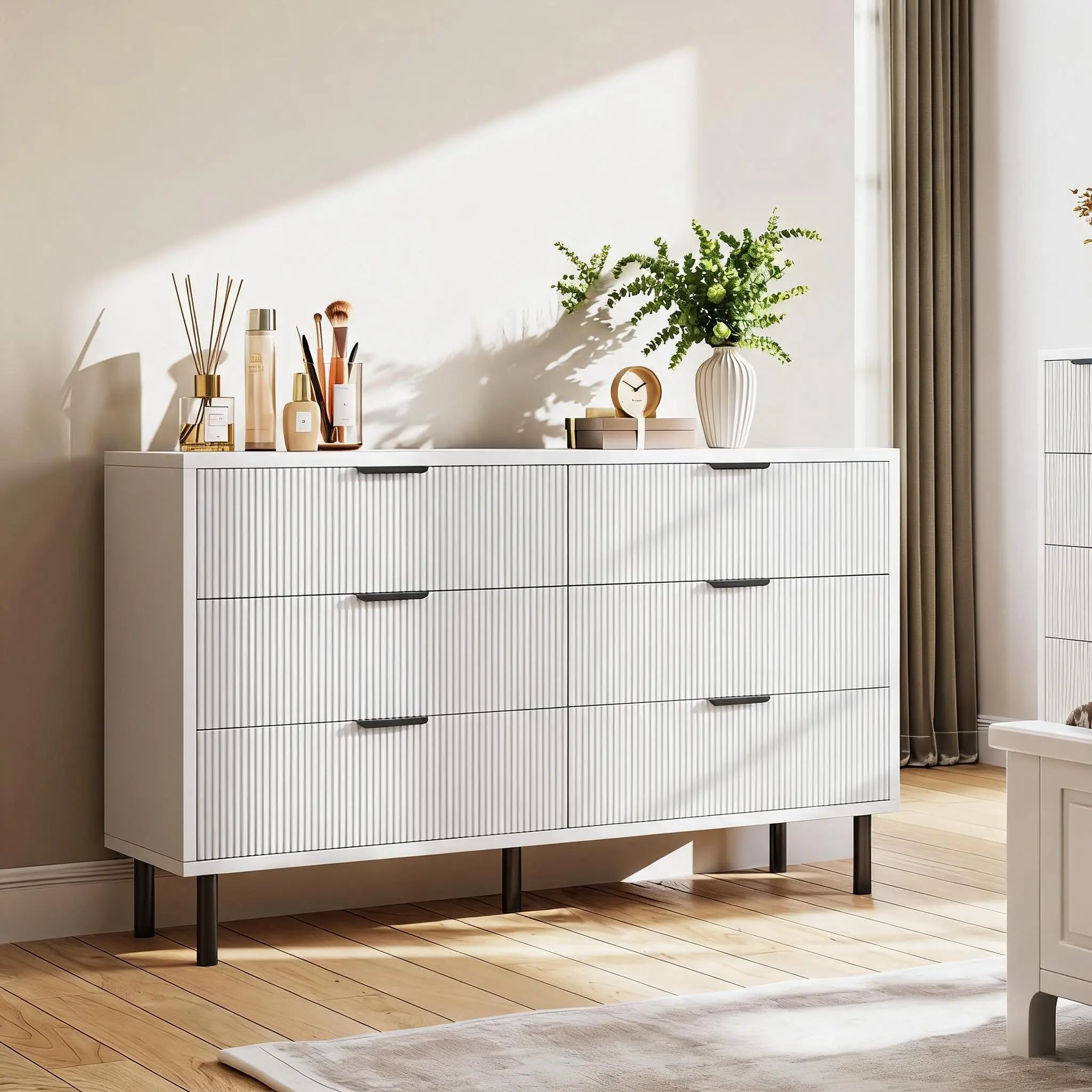 Modern Fluted 6-Drawer Dresser for Bedroom Oak Wood Chest of Drawers with Metal Legs and Large Storage Wide Sideboard for Living Room
