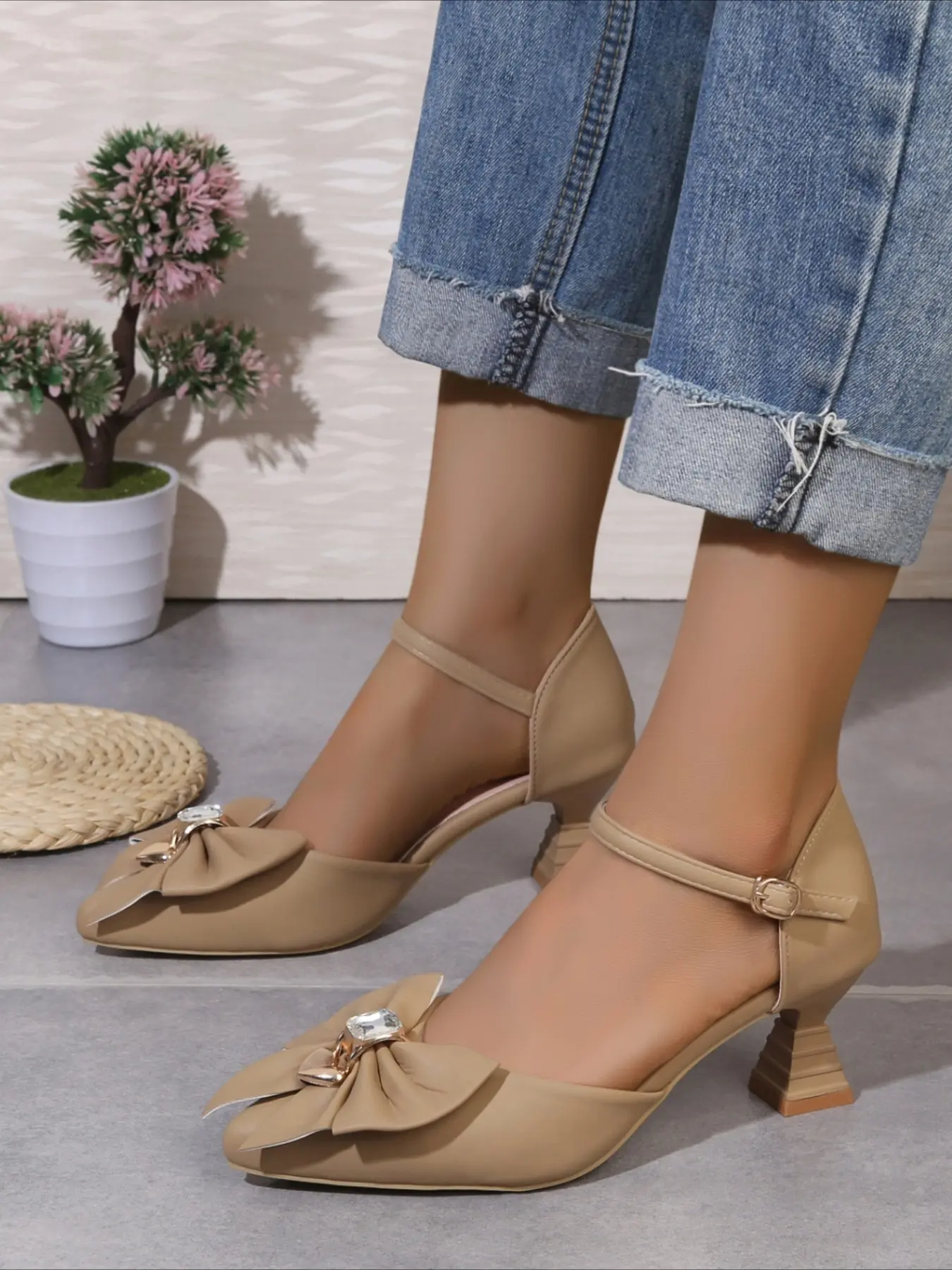 Pointed ankle strap hollow heels with bow ornament, stable block heel, rubber outsole, multi-color options, ideal for dates and office wear, Chic Summer Footwear