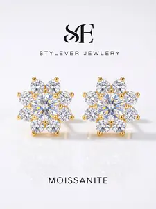 1 Pair Elegant Gold Plated Flower Stud Earrings with 0.5ct Synthetic Moissanite for Women Wedding Fine Jewelry