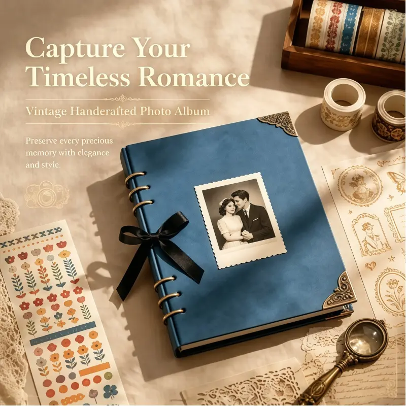 1 Pack Classic Blue Hardcover Scrapbook Album, Wear-resistant Metal Corners for Travel Trip Photo Storage