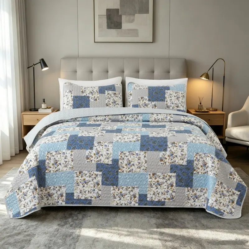 3pcs Blue Floral Patchwork Quilt Set, Vintage Patched Quilt Cover, Soft All-Season Bedding with Pillowcase, Bedroom Decor