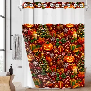 1Pc Hookless Waterproof Shower Curtain, Red Background Pumpkin Turkey Xmas Tree Multi-Holiday Mix Print, Quick Dry Mildew Proof Fabric, Removable Snap-in Liner Accessory, Top See-Through Window, Warm Red Autumn Winter Holiday Divider Curtain 71×74 Inch
