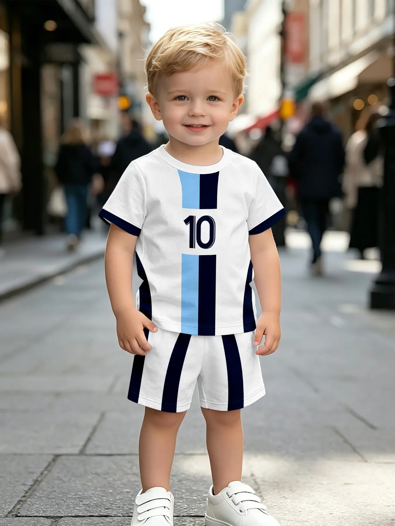 Kids Blue Striped Soccer Jersey Set, Quick-Dry Breathable Two-Piece Sporty Tee Set Jersey Shorts, Fashion Outdoor Sports, Birthday Gift, Holiday Gift