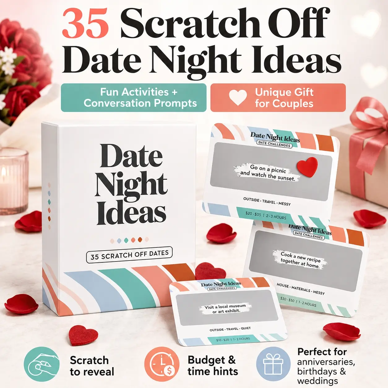 35 Scratch Off Date Night Ideas for Couples, Romantic Adventure Challenge Cards with Fun Activities and Conversation Prompts, Unique Couples Gifts for Boyfriend, Girlfriend, Husband, Wife, Anniversary, Wedding, Engagement, Birthday, Bridal Shower