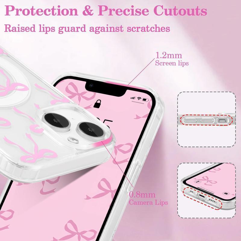 Magnetic for iPhone 17 16 15 14 13 12 11 Case, Bow Case Compatible with MagSafe, Wireless Slim Clear Ribbon Phone Cover Anti-Yellowing Shockproof Protective Cover for Women Girl - Pink.QXG339