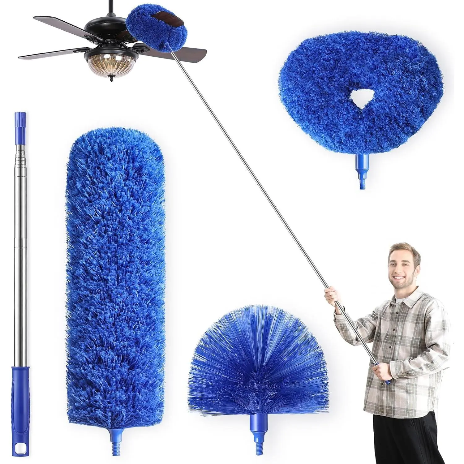 Microfiber Duster with Extension Pole (Adjusts 15-82 Inch), Reusable Cleaning Kit with 3 Duster Heads for High Ceiling Fan Blades, Cobwebs, Walls, Blinds, Doors, Furniture, Bookshelves - BlueGift