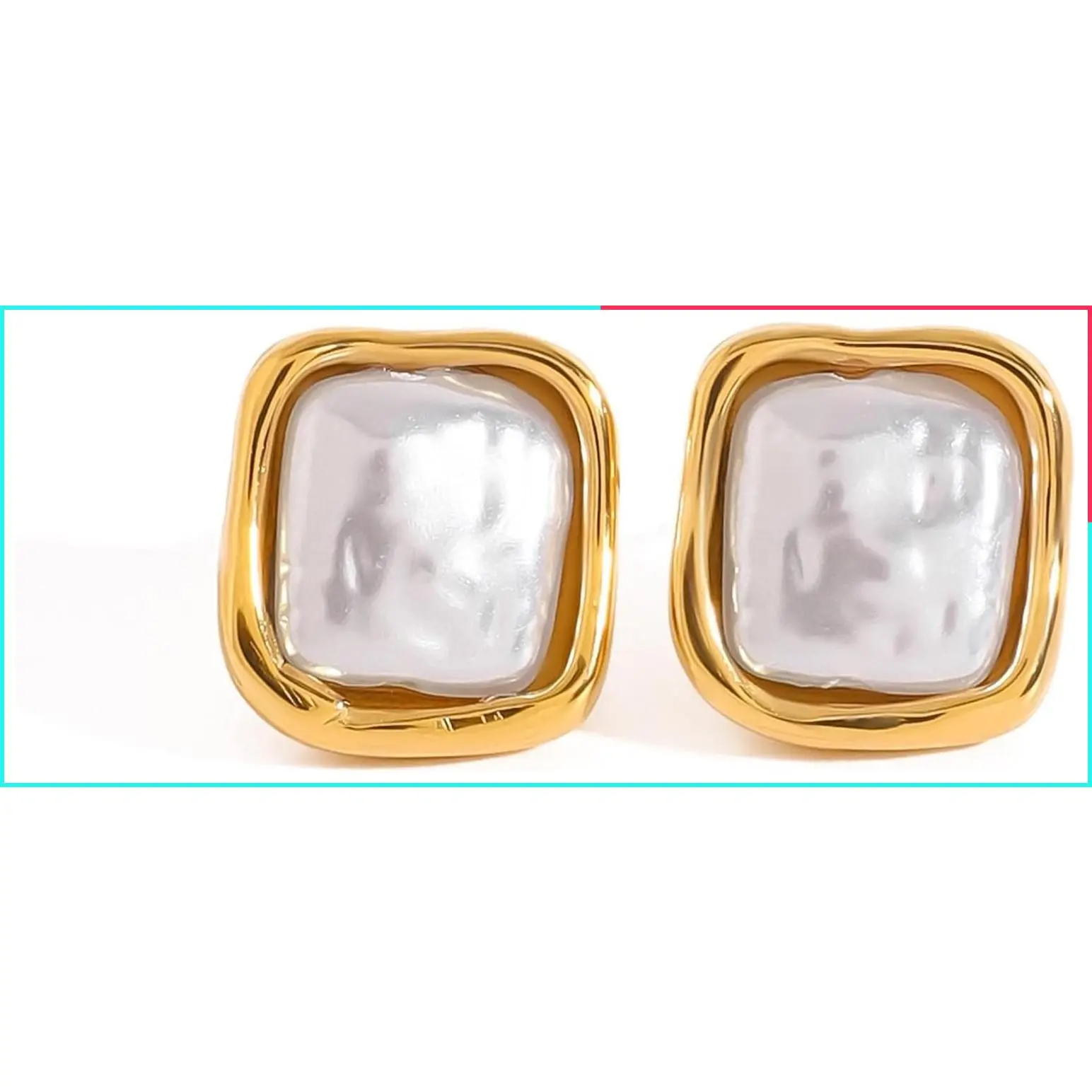 Chunky Baroque Pearl Earrings for Women Gold Square Statement Earrings Trendy Unique Jewelry