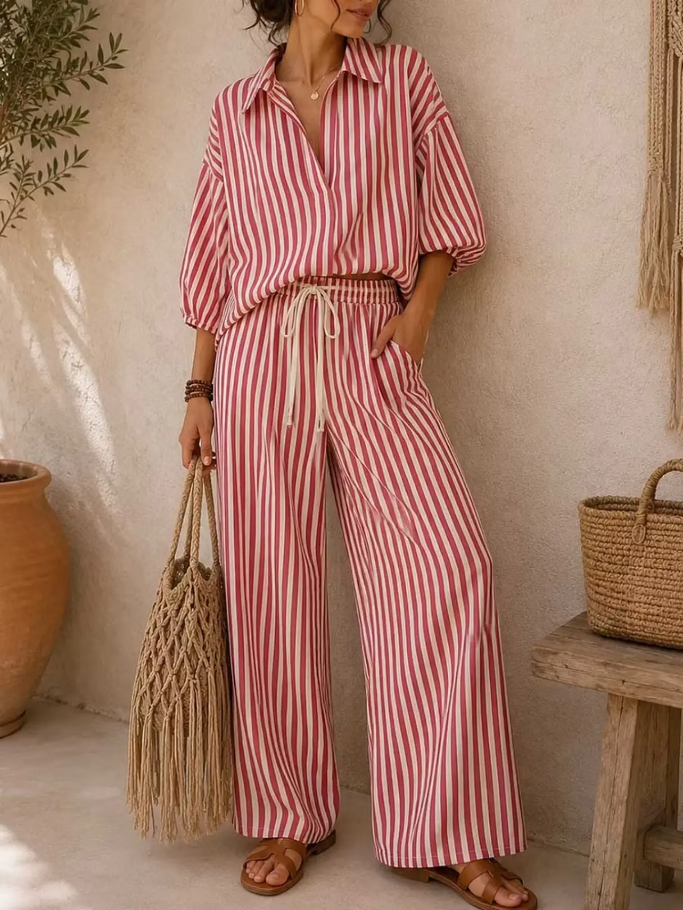 Women's 2026 Fall Striped 3/4 Sleeve Shirt & Loose Pants Two-Piece Set, European Style Women's 2026 Fall Striped 3/4 Sleeve Shirt & Loose Pants Two-Piece Set, European Style