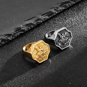 European and American cross-border vintage design Archangel Saint Michael titanium steel men's ring stainless steel ring wholesale