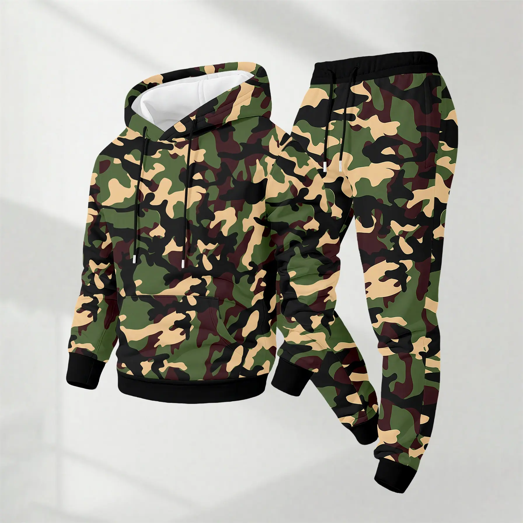Men's Camo Printed Hoodie and Drawstring Sweatpants Set, Menswear, Casual Athletic Long Sleeve Hooded Jacket & Trousers for Fall & Winter, Men's Clothing for Daily Wear, Sportswear Indoor Outdoor, Tracksuit, Athleisure Summer Clothes