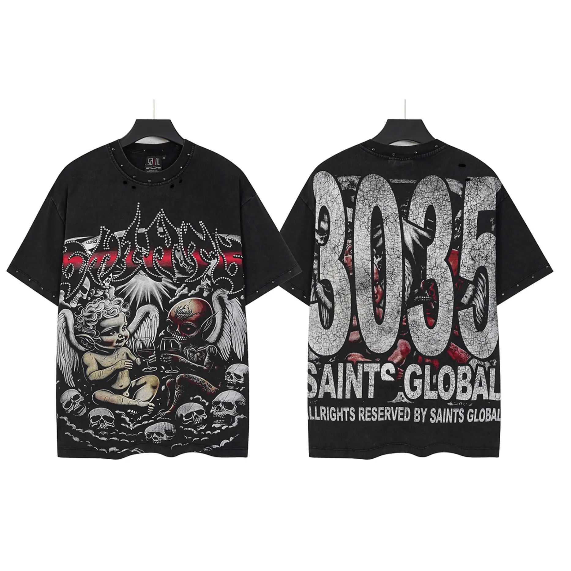 Saint Global 3035 Double Sided Devil Angel Skull Rhinestone Graphic T-Shirt Men Vintage Washed Distressed Rivet Oversized Cotton Tee For 4th Of July Summer Hip Hop Streetwear Outfit