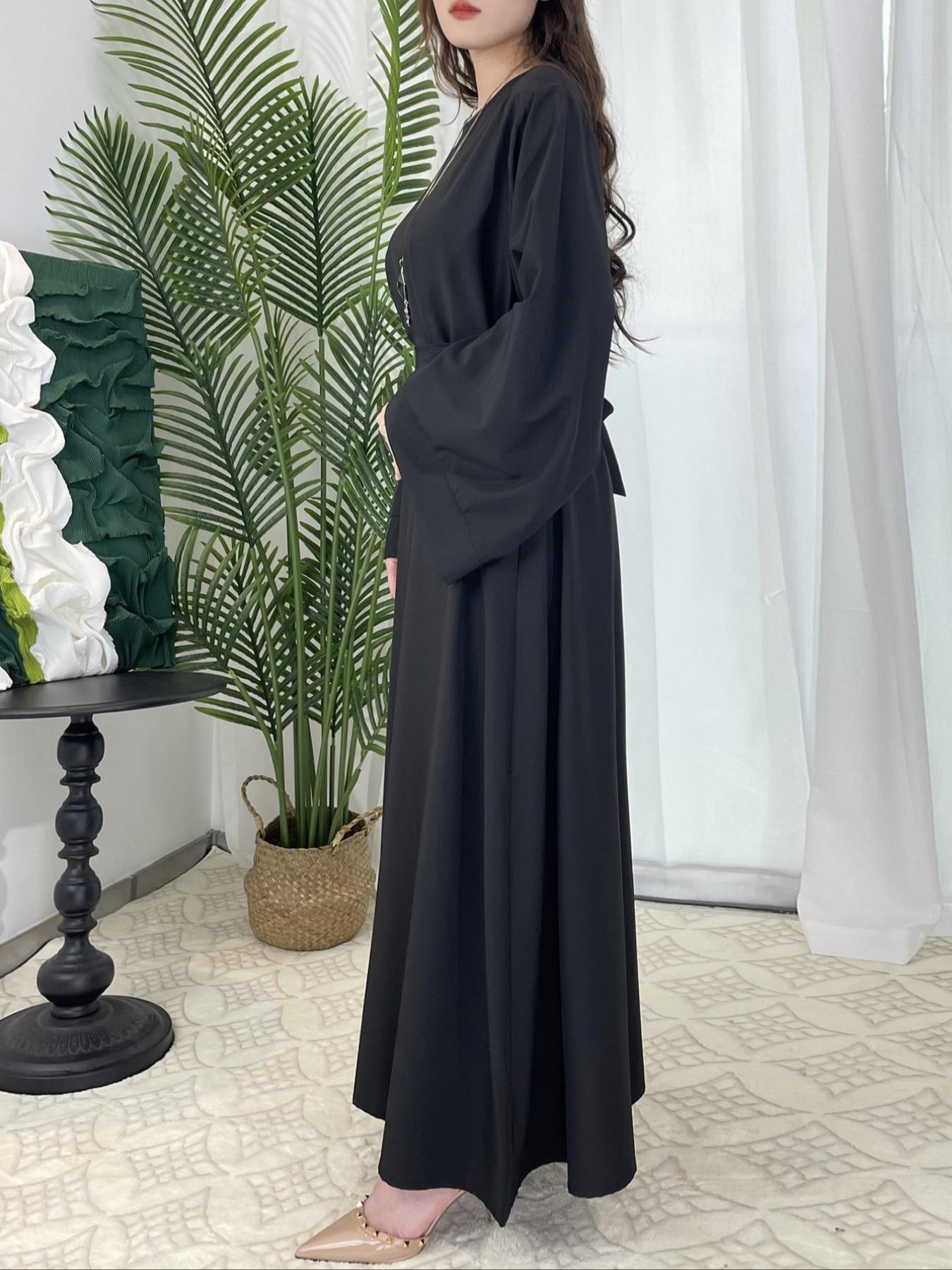 Women's Solid Color Round Neck Long Sleeve Dress, Elegant Fashion Casual  Tie Back Modest Muslim Outfits