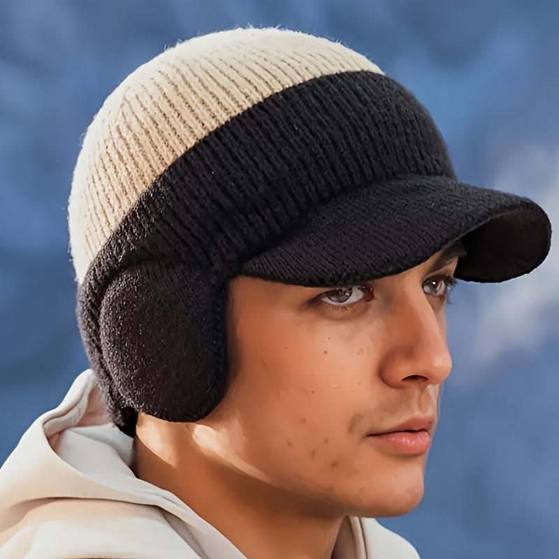 Men's Winter Ear-Protecting Knitted Cap with Fleece Warm Duckbill Hat for Outdoor Youth Cycling in Color-Block Design