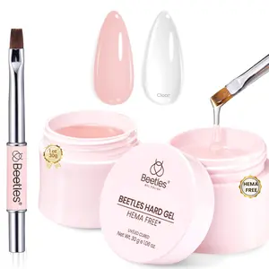 HEMA-Free 9 in 1 Hard Nail Gel, 2 Pcs 1 oz Clear & Jelly Nude UV & LED Cured Sculpting Gel for Nail Extension, with Flat Nail Brush High Hardness for Pros & Women