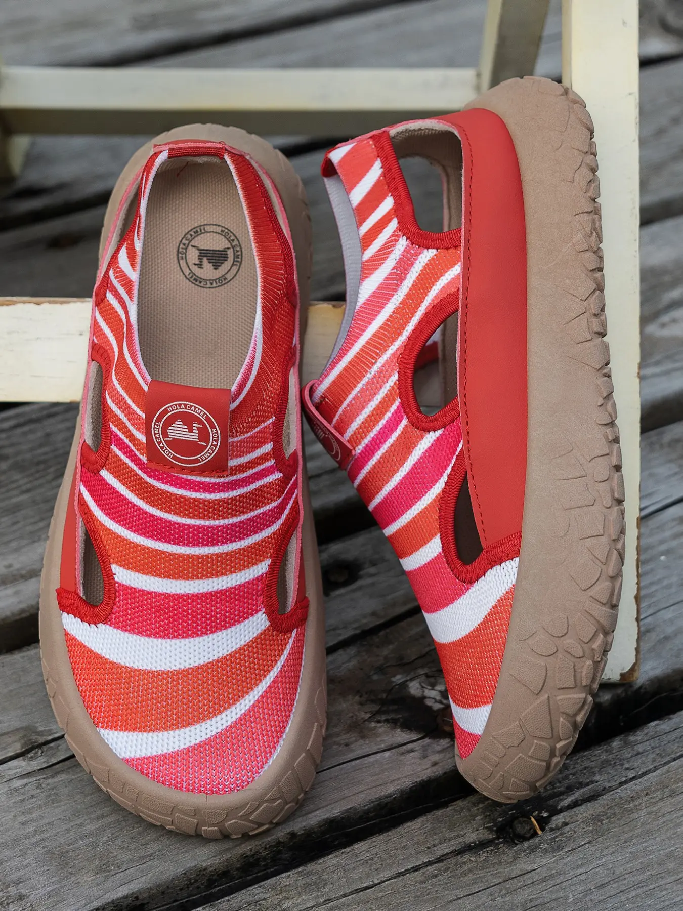 Women's Striped Hollow Out Flyknit Sports Sandals, Breathable Slides, Breathable Mesh Thick Sole, Anti-Slip Soft Bottom, Summer Beach Casual Shoes