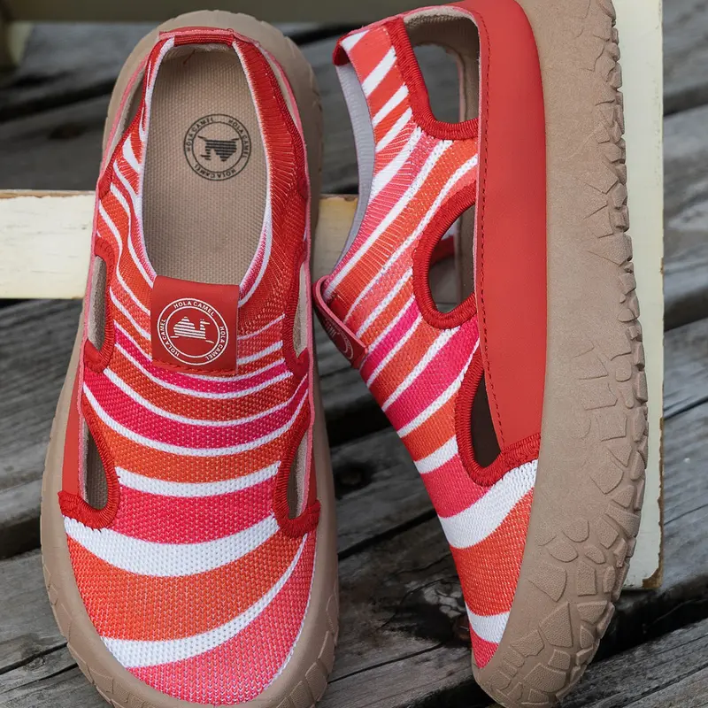 Women's Striped Cut-Out Knit Closed-Toe Sports Sandals, Breathable Woven Mesh Upper, Chunky Anti-Slip Soft Sole, Summer Casual Fisherman Shoes, Striped Pattern Sandals