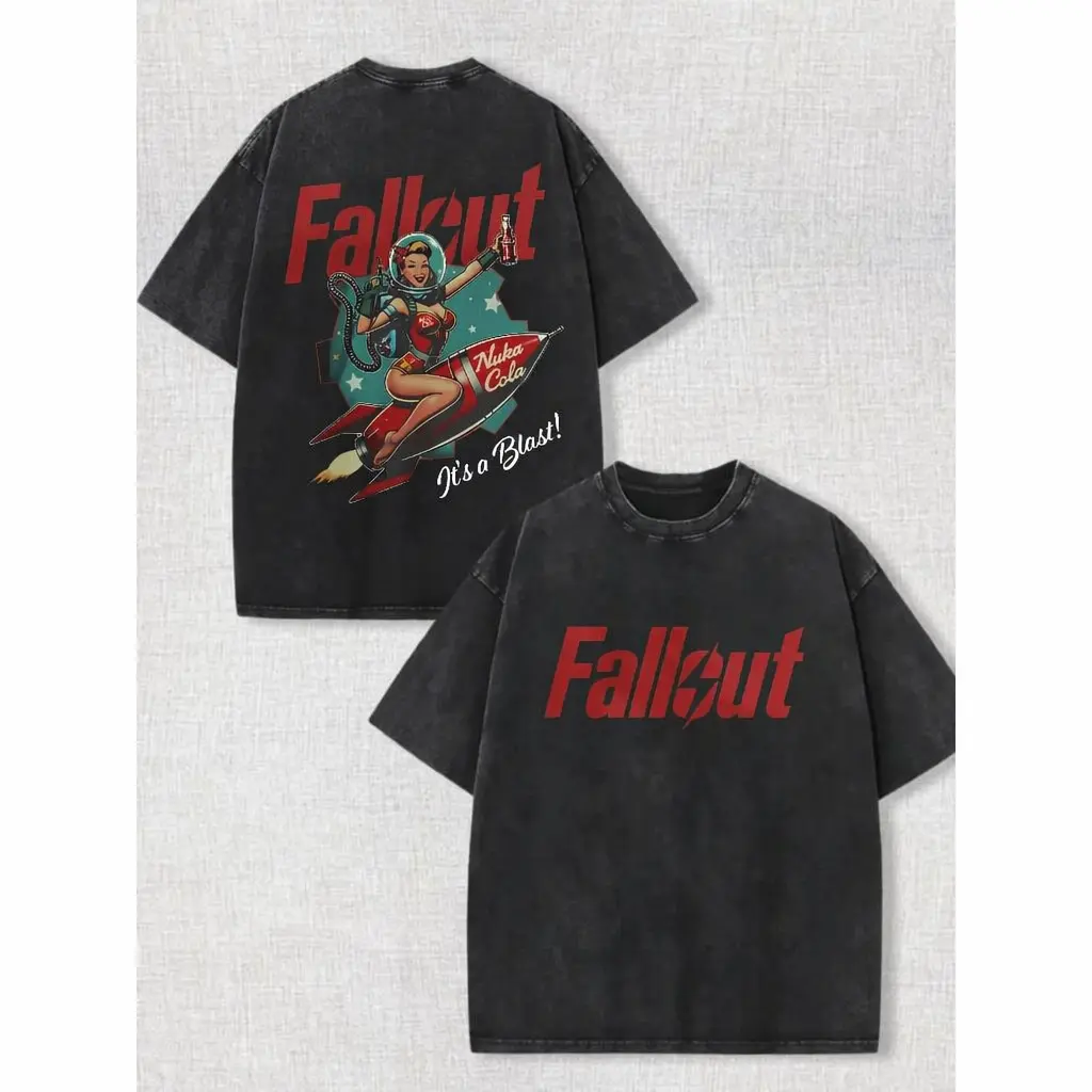 Fallout Vintage Washed Black Tee Double Sided Retro Pin Up Rocket Girl Graphic Unisex Oversized 100 Cotton Breathable Short Sleeve Top Trendy Streetwear Casual Daily Outfit Gift for Retro Game Lovers
