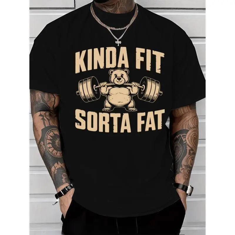 Men's Baggy Funny Weightlifting Bear Graphic T-Shirt - 100% Cotton/CVC Cotton Heavyweight, Round Neck Short Sleeve, Comfort Fit Breathable Gym Streetwear Top, "Kinda Fit Sorta Fat" Inspired, All-Seasons, Party, New Year