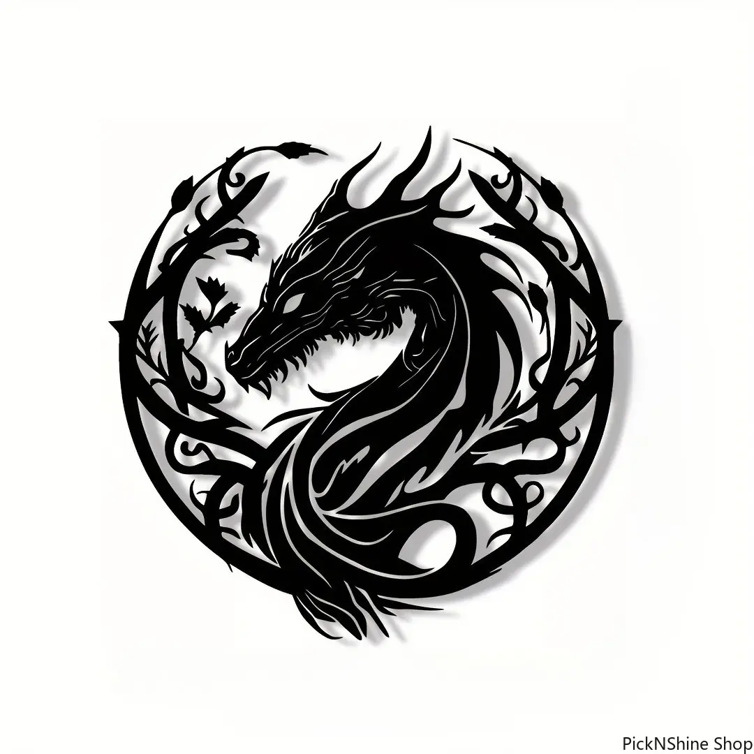Black Dragon Metal Wall Art Decor, 11.8" Laser Cut Steel Dragon Wall Hanging, Gothic Fantasy Viking Style Wall Sculpture for Living Room, Bedroom, Game Room, Office, Man Cave, Indoor Outdoor Home Decor