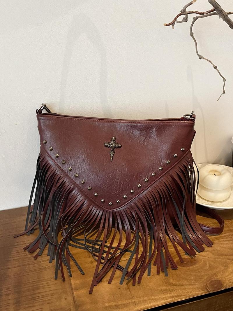 Women's Street Style Vintage Cross Design Crossbody Bag, Chic Crossbody Purse, Trendy Tassel Design Plain Color Crossbody Bag, Chic All-match Crossbody Bag for Daily & Work Use, Vintage Shoulder Bag