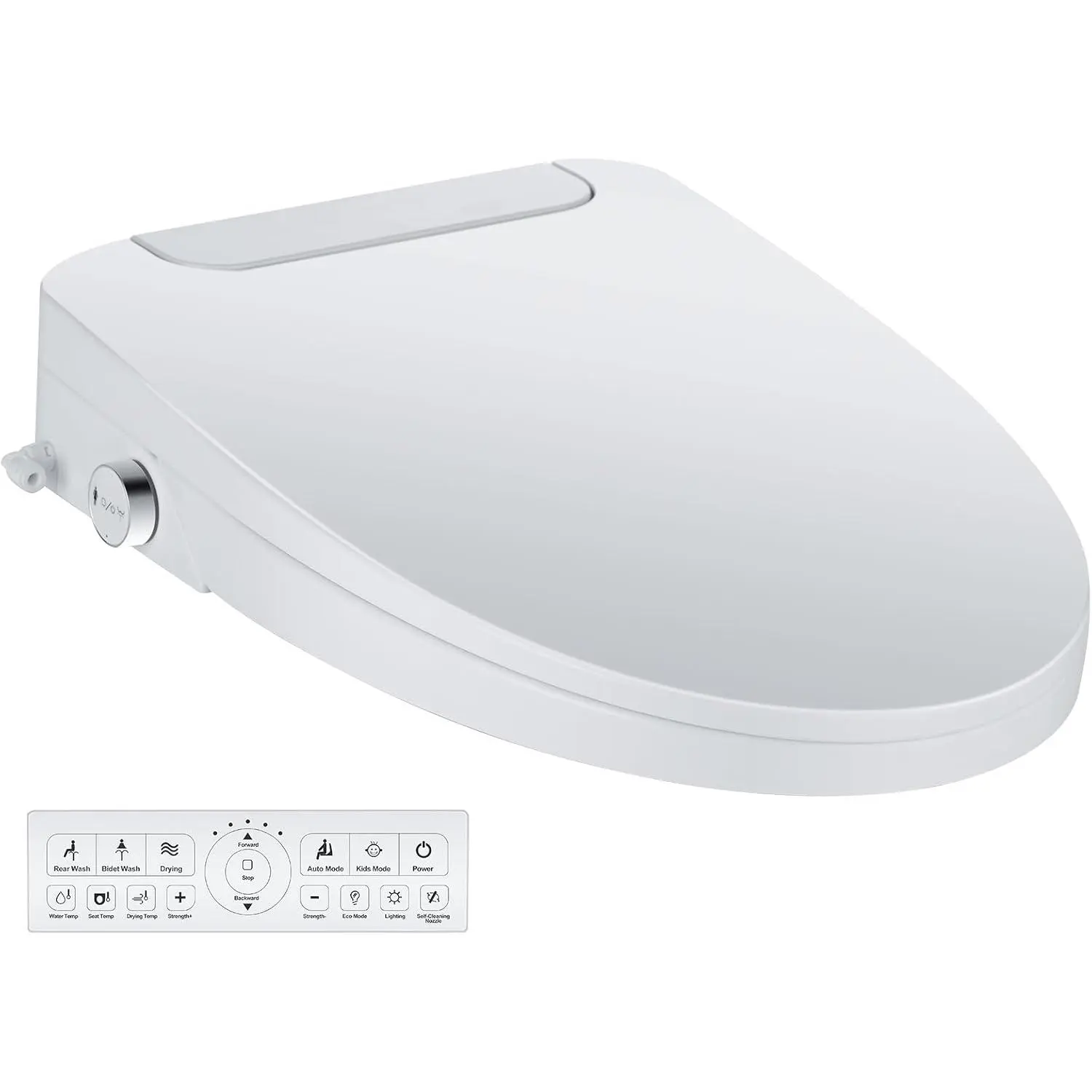 Elongated White Electric Bidet Toilet Seat (Model 101) - Indoor Use, Warm Water Cleaning, Front & Rear Sprays, Heated Seat, Slow-Close Lid, Air Dryer, LED Nightlight, Remote Control