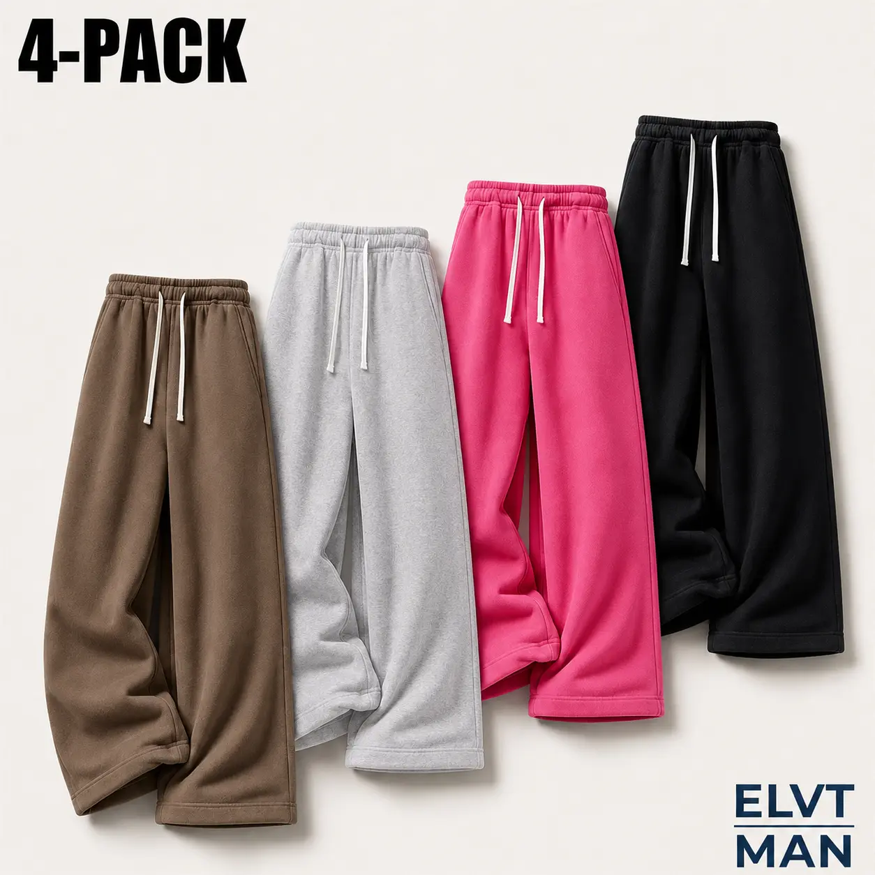 Men's 4-Pack Adjustable Drawstring Pants, Casual Loose Comfy Baggy Menswear Set, Assorted Solid Colors, Elastic Waist, Full Length Straight Leg, Side Pockets, Multi-Size for Home & Streetwear Lounging, Casual Fit Drawstrings