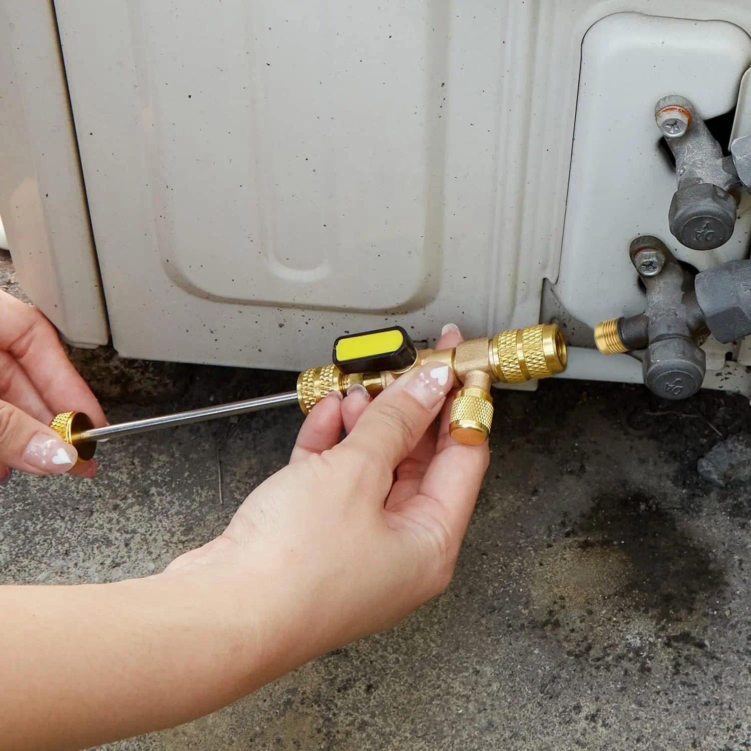 PLUS AC Valve Core Remover Installer Tool with Dual Size SAE 1/4 & 5/16 Port, 20 PCS Valve Cores with Teflon Seal and 10 PCS Brass Nuts, Compatible with R22 R12 R407 R410 R404 R32 R600 A/C,TikTokShopBlackFriday Quick Replacement Disassembly Tools