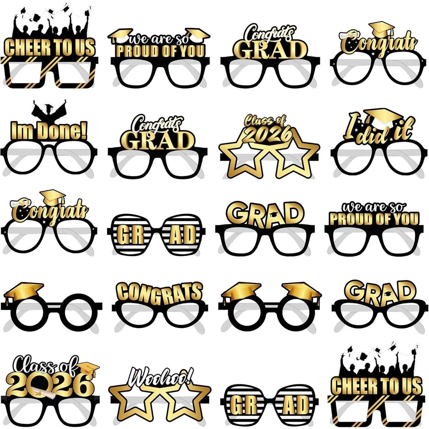 , Black and  Graduation Glasses - Pack of 20 | Graduation Photo Props, Graduation Decorations 2026 Glitter Grad Photo Props for Congrats Grad Decorations | Graduation Party Decorations