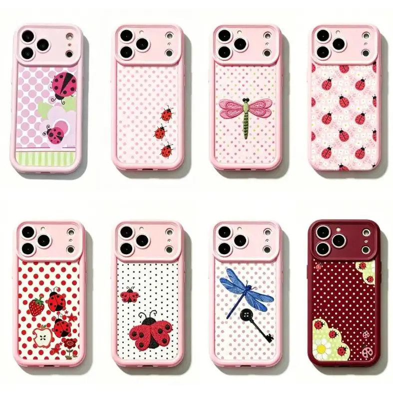 Whimsical Pink Ladybug Phone Case with Cute Cottagecore Aesthetic – Adorable Ladybird Patchwork Polka Dot Floral Design, Kawaii  Cartoon Art, Soft Durable TPU Cover with Lens Protection, Compatible with iPhone 11–17 Pro Max, Ideal Gift for Her & Him