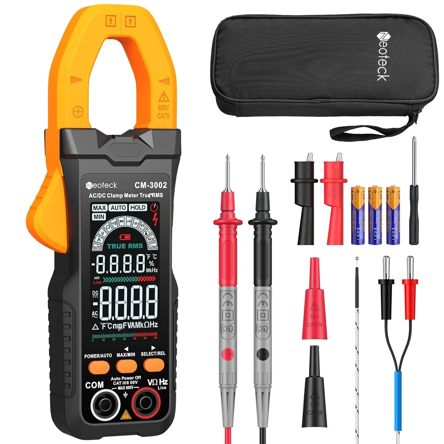 Neoteck 6000-Count Clamp Meter with 10A Test Leads, 26mm High-Capacity Jaw, 800A AC/DC Current, 600V Voltage, Auto Selection, Color Screen, TRMS, Capacitance, Continuity, Resistance, NCV, Diode, Frequency for Home, Industrial Use